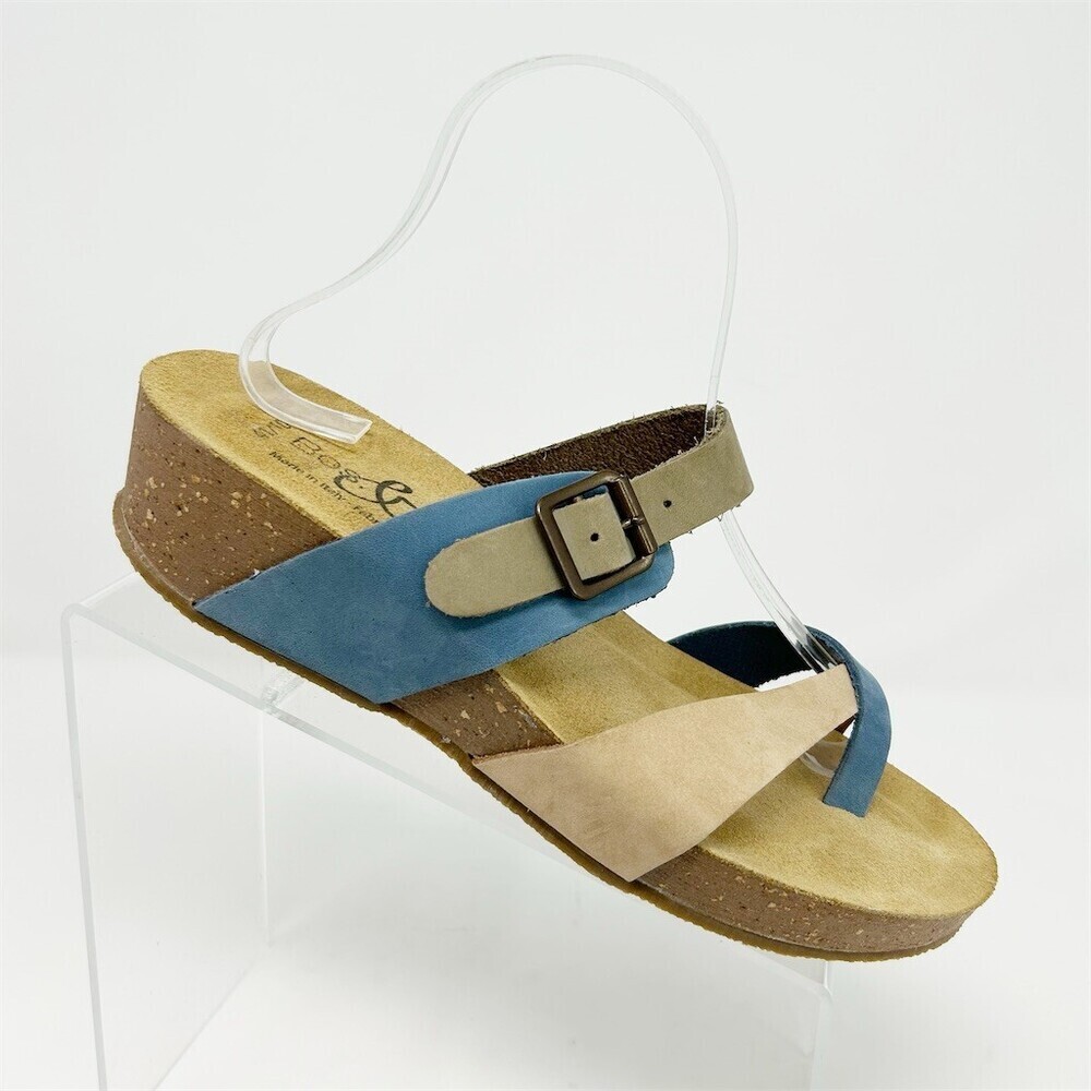 Bos & Co. Womens Blue Tan Slip On Wedge Thong Sandals Size 10 Made in Italy